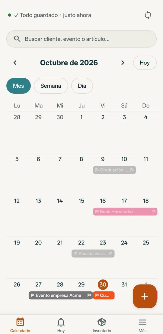 Calendario del mes con los eventos del negocio