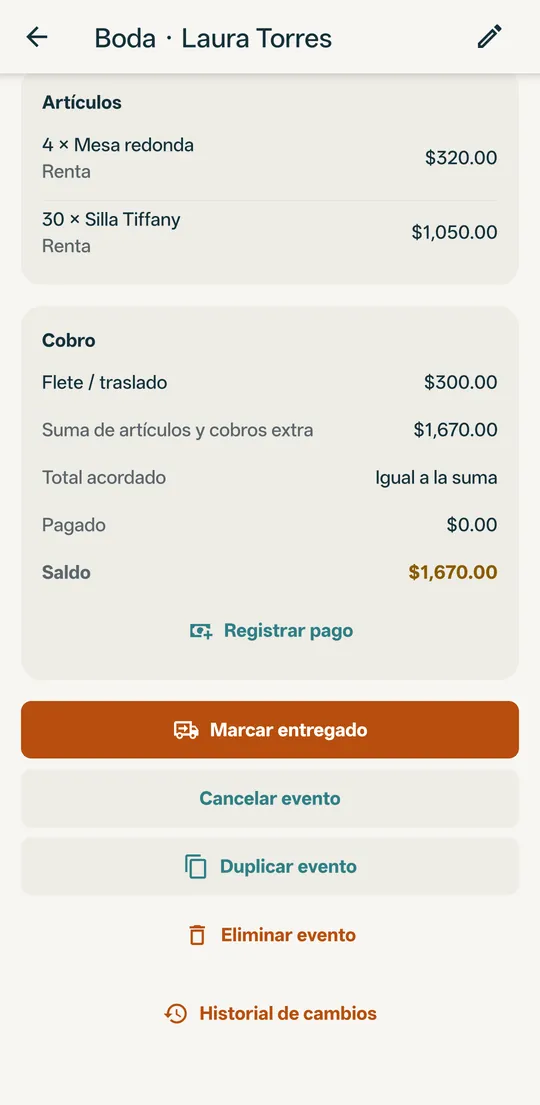 Cobro del evento con total, pagado y saldo