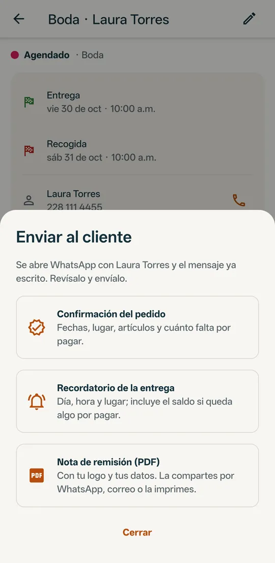Opciones para enviar al cliente: confirmación, recordatorio y nota en PDF